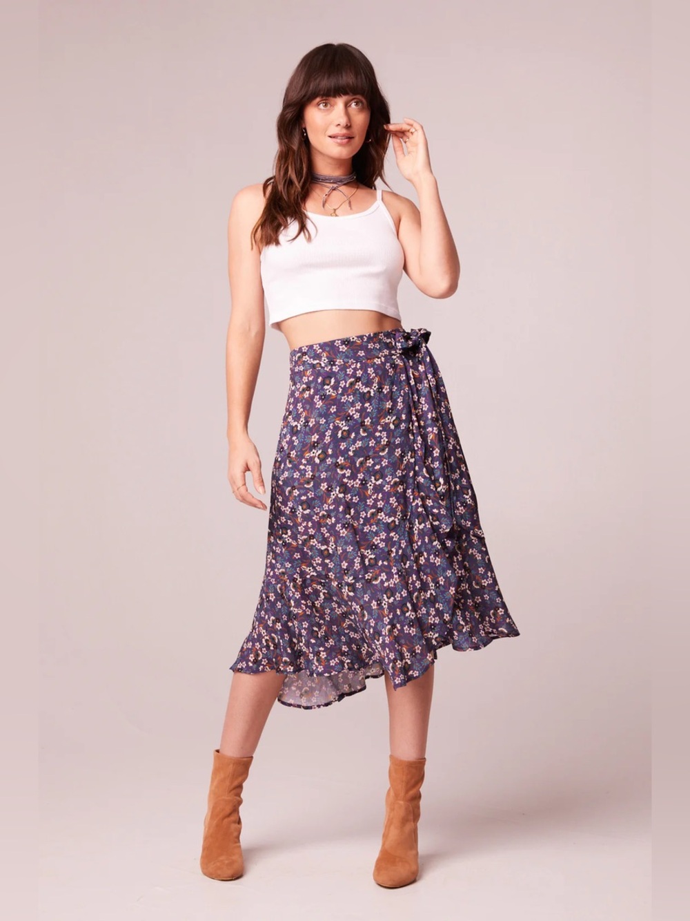 Band of the Free Linaelle Purple Floral Faux Wrap Skirt Midi Size Small NWT